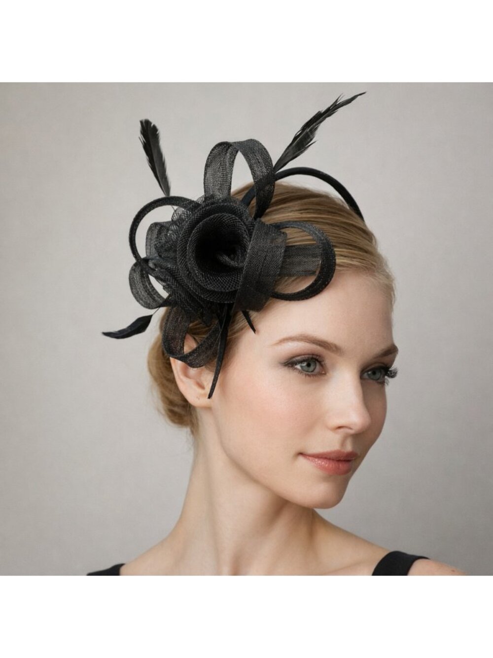 Elegant Black Mesh Fascinator Headband Feather Flower Derby Hat, Wedding & Tea